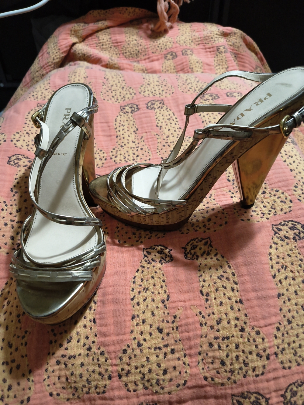 Prada Gold Strappy Platform Slingback Heels